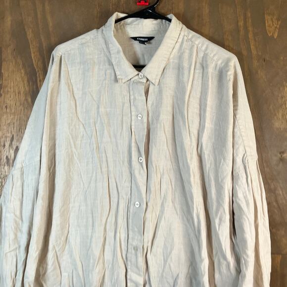 Express Womens Shirt Tan Collared Button Down Long Sleeve Loose Fit XL - Picture 2 of 12